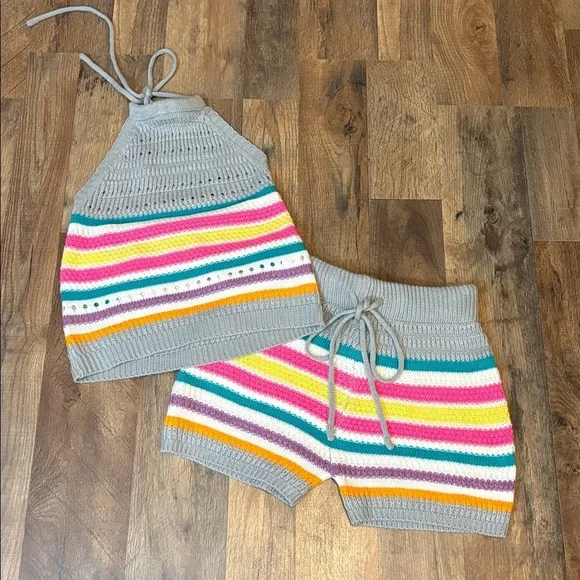 2 Piece Crochet Halter & Shorts Outfit Candy Color Stripes Small/Medium Juniors - Picture 3 of 17
